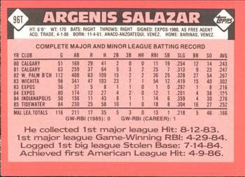 1986 Topps Traded - Limited Edition (Tiffany) #96T Argenis Salazar Back