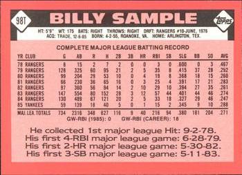 1986 Topps Traded - Limited Edition (Tiffany) #98T Billy Sample Back