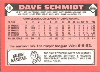1986 Topps Traded - Limited Edition (Tiffany) #99T Dave Schmidt Back
