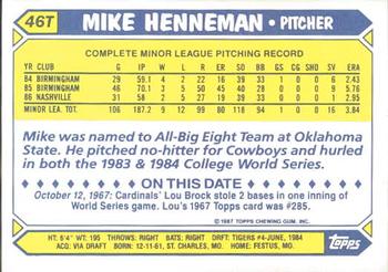 1987 Topps Traded - Limited Edition (Tiffany) #46T Mike Henneman Back