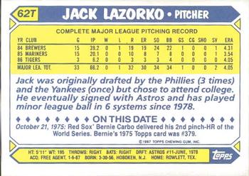 1987 Topps Traded - Limited Edition (Tiffany) #62T Jack Lazorko Back