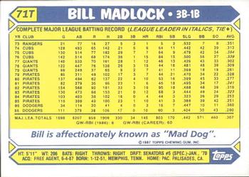1987 Topps Traded - Limited Edition (Tiffany) #71T Bill Madlock Back