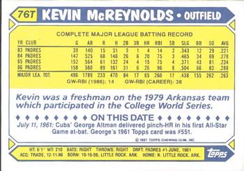 1987 Topps Traded - Limited Edition (Tiffany) #76T Kevin McReynolds Back