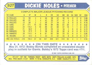 1987 Topps Traded - Limited Edition (Tiffany) #92T Dickie Noles Back