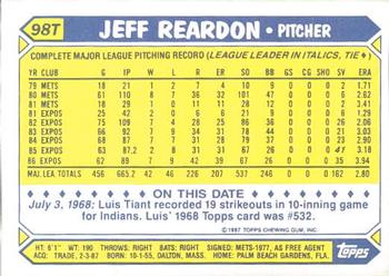 1987 Topps Traded - Limited Edition (Tiffany) #98T Jeff Reardon Back