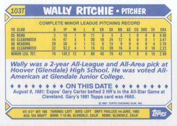 1987 Topps Traded - Limited Edition (Tiffany) #103T Wally Ritchie Back