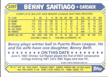 1987 Topps Traded - Limited Edition (Tiffany) #109T Benny Santiago Back