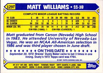 1987 Topps Traded - Limited Edition (Tiffany) #129T Matt Williams Back