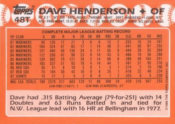 1988 Topps Traded - Limited Edition (Tiffany) #48T Dave Henderson Back