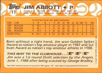 1988 Topps Traded - Limited Edition (Tiffany) #1T Jim Abbott Back