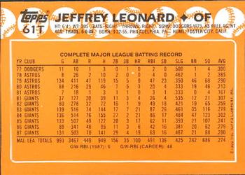 1988 Topps Traded - Limited Edition (Tiffany) #61T Jeffrey Leonard Back