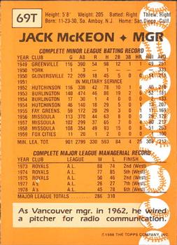 1988 Topps Traded - Limited Edition (Tiffany) #69T Jack McKeon Back