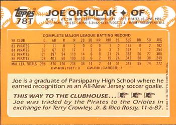 1988 Topps Traded - Limited Edition (Tiffany) #78T Joe Orsulak Back