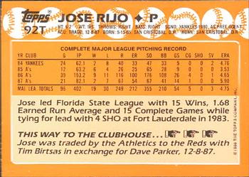 1988 Topps Traded - Limited Edition (Tiffany) #92T Jose Rijo Back