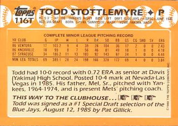 1988 Topps Traded - Limited Edition (Tiffany) #116T Todd Stottlemyre Back