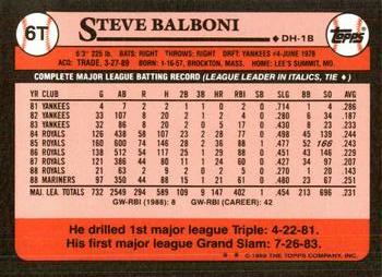 1989 Topps Traded - Limited Edition (Tiffany) #6T Steve Balboni Back