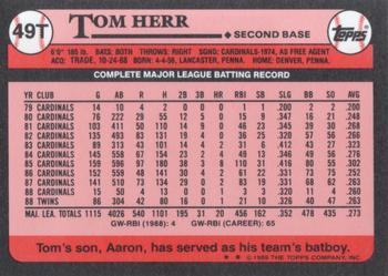 1989 Topps Traded - Limited Edition (Tiffany) #49T Tom Herr Back
