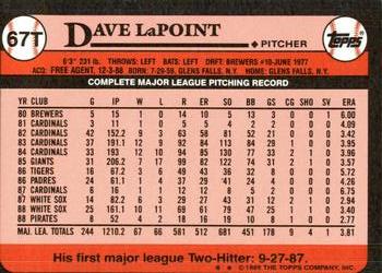 1989 Topps Traded - Limited Edition (Tiffany) #67T Dave LaPoint Back
