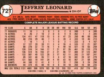 1989 Topps Traded - Limited Edition (Tiffany) #72T Jeffrey Leonard Back