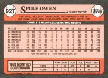1989 Topps Traded - Limited Edition (Tiffany) #92T Spike Owen Back