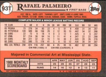 1989 Topps Traded - Limited Edition (Tiffany) #93T Rafael Palmeiro Back