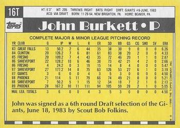 1990 Topps Traded - Limited Edition (Tiffany) #16T John Burkett Back