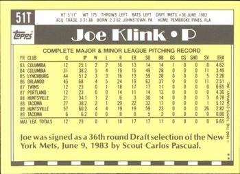 1990 Topps Traded - Limited Edition (Tiffany) #51T Joe Klink Back