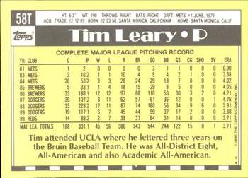 1990 Topps Traded - Limited Edition (Tiffany) #58T Tim Leary Back