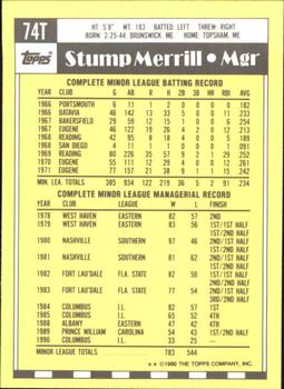1990 Topps Traded - Limited Edition (Tiffany) #74T Stump Merrill Back