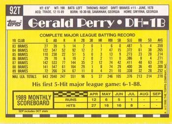 1990 Topps Traded - Limited Edition (Tiffany) #92T Gerald Perry Back