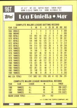 1990 Topps Traded - Limited Edition (Tiffany) #96T Lou Piniella Back