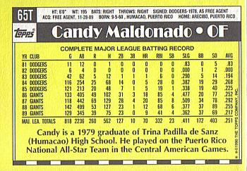 1990 Topps Traded - Limited Edition (Tiffany) #65T Candy Maldonado Back