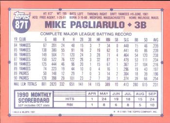 1991 Topps Traded - Limited Edition (Tiffany) #87T Mike Pagliarulo Back