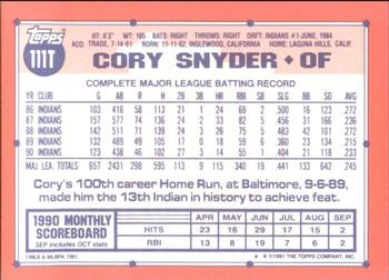 1991 Topps Traded - Limited Edition (Tiffany) #111T Cory Snyder Back