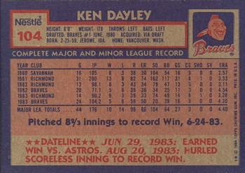 1984 Topps Nestle #104 Ken Dayley Back