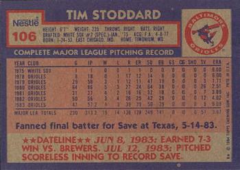 1984 Topps Nestle #106 Tim Stoddard Back