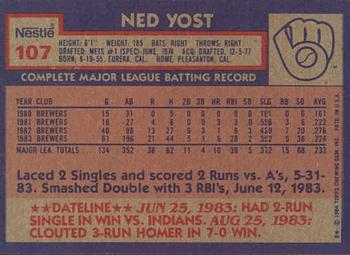 1984 Topps Nestle #107 Ned Yost Back