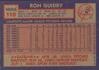 1984 Topps Nestle #110 Ron Guidry Back