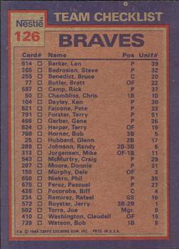 1984 Topps Nestle #126 Braves Leaders / Checklist (Dale Murphy / Craig McMurtry) Back