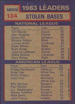 1984 Topps Nestle #134 1983 Stolen Base Leaders (Tim Raines / Rickey Henderson) Back