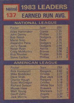 1984 Topps Nestle #137 1983 Earned Run Average Leaders (Atlee Hammaker / Rick Honeycutt) Back