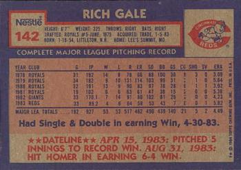 1984 Topps Nestle #142 Rich Gale Back