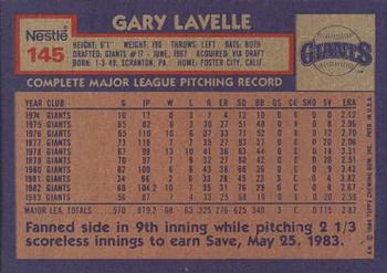 1984 Topps Nestle #145 Gary Lavelle Back