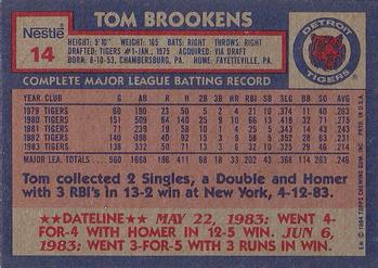 1984 Topps Nestle #14 Tom Brookens Back