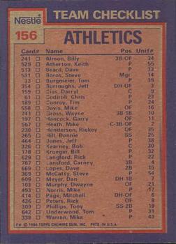 1984 Topps Nestle #156 Athletics Leaders / Checklist (Rickey Henderson / Tim Conroy) Back