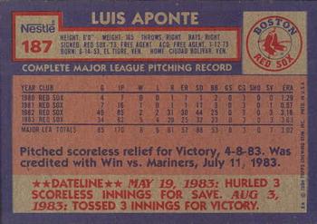1984 Topps Nestle #187 Luis Aponte Back