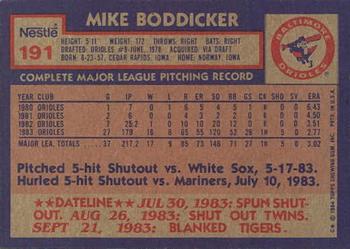 1984 Topps Nestle #191 Mike Boddicker Back