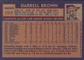 1984 Topps Nestle #193 Darrell Brown Back
