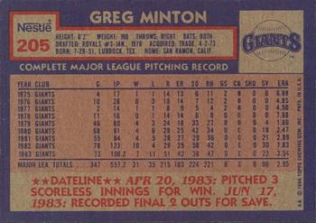 1984 Topps Nestle #205 Greg Minton Back
