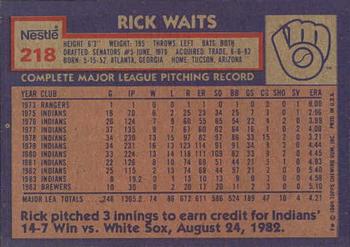 1984 Topps Nestle #218 Rick Waits Back